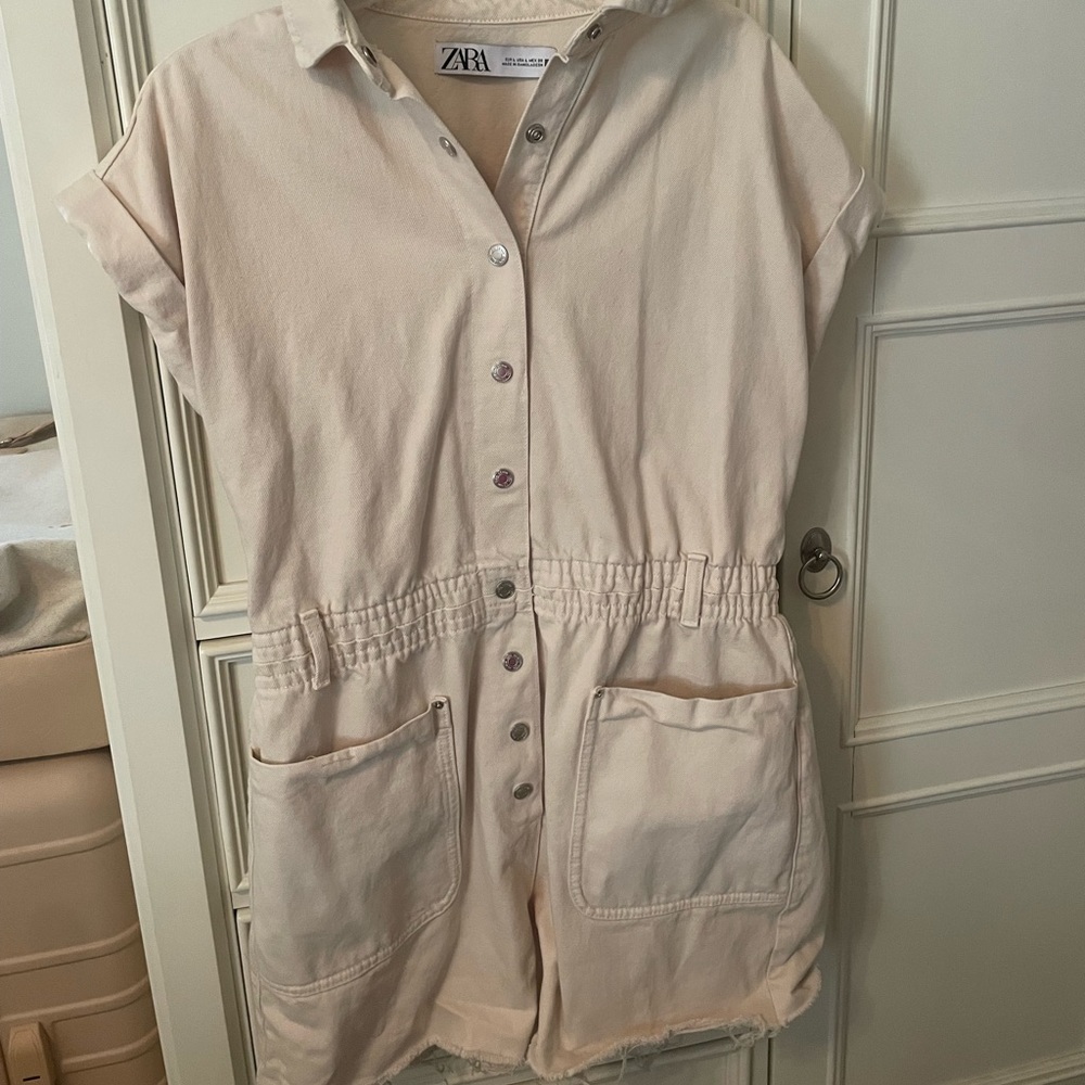 zara cream colored denim romper